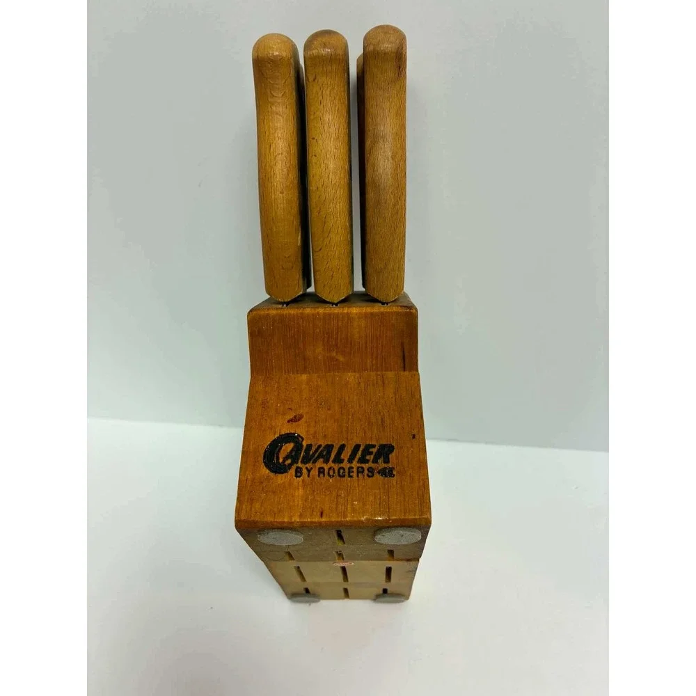 Vintage Cavalier by Rogers 6 Piece Steak Knife Set with Wood Block Stainless